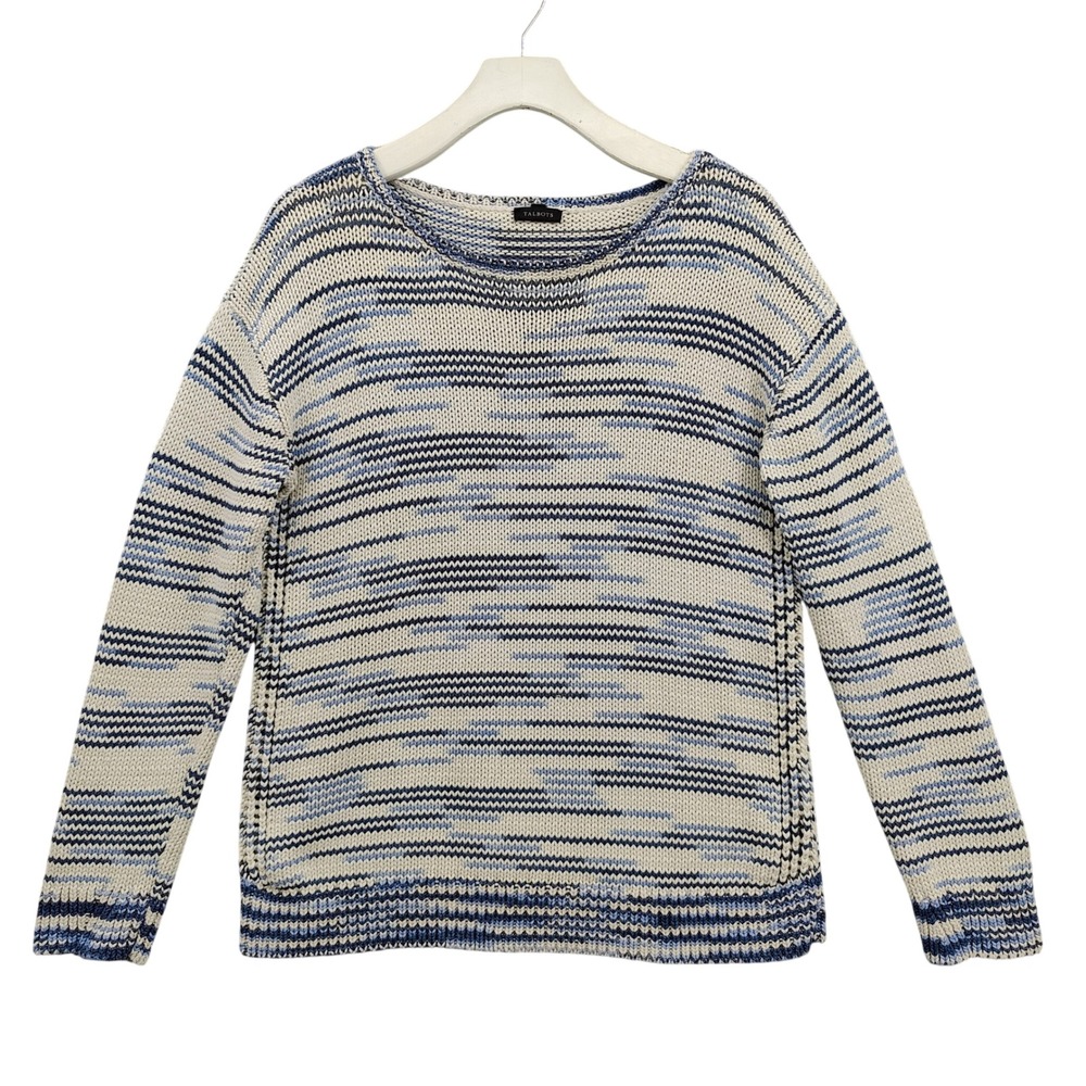 Talbots Womens Nautical Coastal Preppy Sweater M Blue White Striped Knit